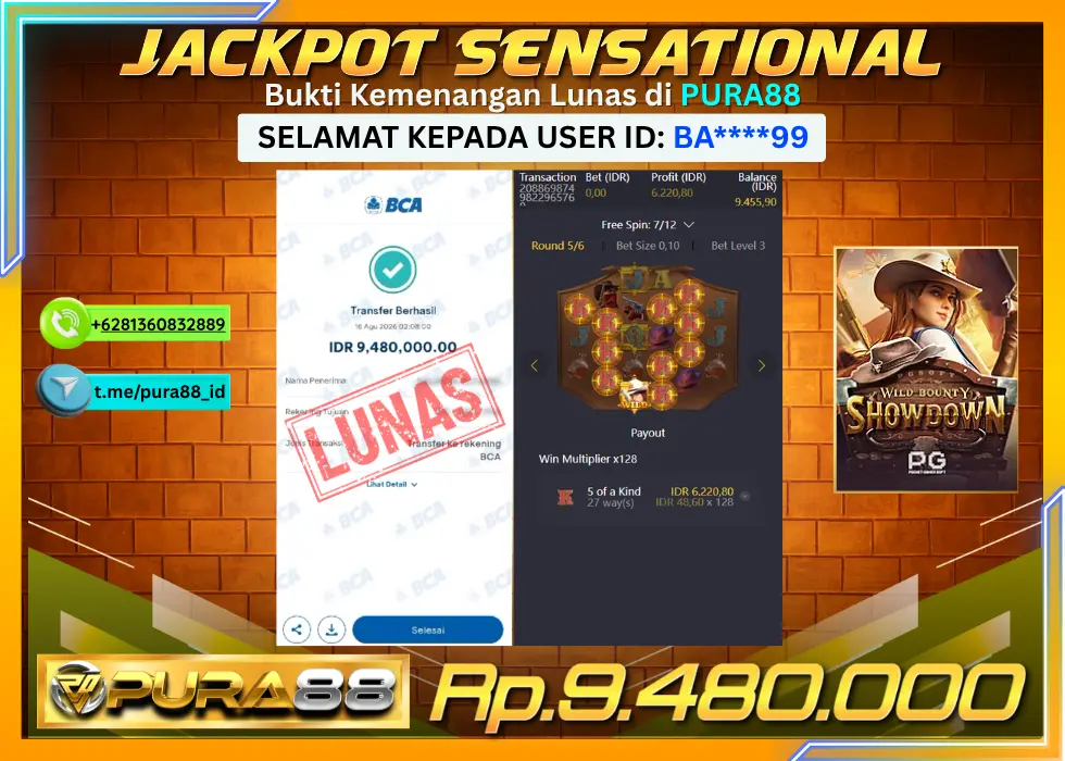 PURA88 JACKPOT WILD BOUNTY SHOWDOWN Rp 9.480.000,- LUNAS
